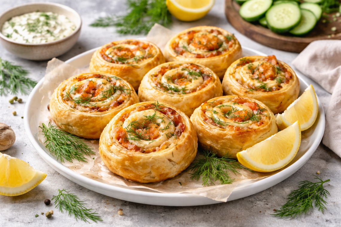 Knusprige Lachs-Blätterteig-Schnecken mit Frischkäse und Dill auf einem weißen Teller, dekoriert mit Zitronenspalten und frischen Kräutern.