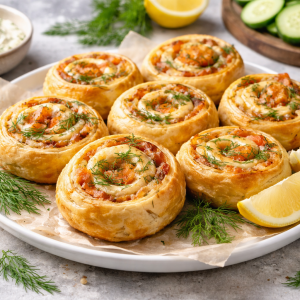 Knusprige Lachs-Blätterteig-Schnecken mit Frischkäse und Dill auf einem weißen Teller, dekoriert mit Zitronenspalten und frischen Kräutern.