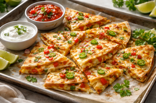 Knusprige Käsetortillas aus dem Ofen, in Dreiecke geschnitten und mit Jalapeños, Paprika und Zwiebeln belegt, serviert auf einem Blech mit Salsa und Sour Cream.