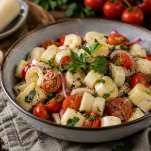 Frischer Palmenherzensalat mit zarten Palmenherzen, halbierten Cherrytomaten, roten Zwiebeln und gehackter Petersilie in einer Keramikschale. Verfeinert mit Olivenöl und Gewürzen, serviert auf einem rustikalen Holztisch. Fotorealistische Darstellung eines leichten mediterranen Salats mit Palmenherzen.