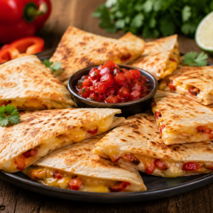 Goldbraun gebratene Käsetortillas mit geschmolzenem Käse und Paprikastückchen, in Dreiecke geschnitten und auf einer dunklen Platte angerichtet. Dazu frische Tomatensalsa, Limettenspalten und Koriander auf einem rustikalen Holztisch. Fotorealistische Darstellung eines herzhaften Party-Snacks mit knusprigen Tortillas und cremiger Käsefüllung.