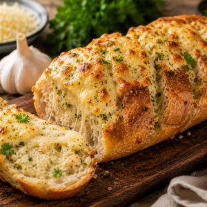 Knuspriges Käse-Knoblauch-Brot auf einem rustikalen Holzbrett, goldbraun überbacken mit geschmolzenem Käse und frischen Kräutern. Eine Scheibe ist angeschnitten und zeigt den weichen, luftigen Innenbereich mit cremigem Käse. Im Hintergrund liegen Knoblauchknollen, Petersilie und geriebener Käse. Fotorealistische Darstellung eines herzhaften Käse-Knoblauch-Brots.
