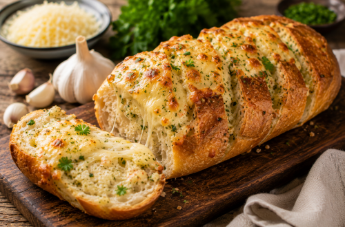 Knuspriges Käse-Knoblauch-Brot auf einem rustikalen Holzbrett, goldbraun überbacken mit geschmolzenem Käse und frischen Kräutern. Eine Scheibe ist angeschnitten und zeigt den weichen, luftigen Innenbereich mit cremigem Käse. Im Hintergrund liegen Knoblauchknollen, Petersilie und geriebener Käse. Fotorealistische Darstellung eines herzhaften Käse-Knoblauch-Brots.