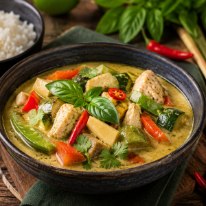 Thailändisches Curry mit zarten Hähnchenstücken, Paprika, Zucchini und Zuckerschoten in einer cremigen Kokos-Curry-Sauce. Garniert mit frischem Basilikum, Koriander und Chili, serviert in einer dunklen Schale auf einem rustikalen Holztisch. Im Hintergrund liegen Limetten, Zitronengras, Ingwer und eine Schale Reis. Fotorealistische Darstellung eines aromatischen Thai-Currys.