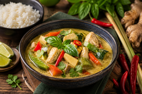 Thailändisches Curry mit zarten Hähnchenstücken, Paprika, Zucchini und Zuckerschoten in einer cremigen Kokos-Curry-Sauce. Garniert mit frischem Basilikum, Koriander und Chili, serviert in einer dunklen Schale auf einem rustikalen Holztisch. Im Hintergrund liegen Limetten, Zitronengras, Ingwer und eine Schale Reis. Fotorealistische Darstellung eines aromatischen Thai-Currys.