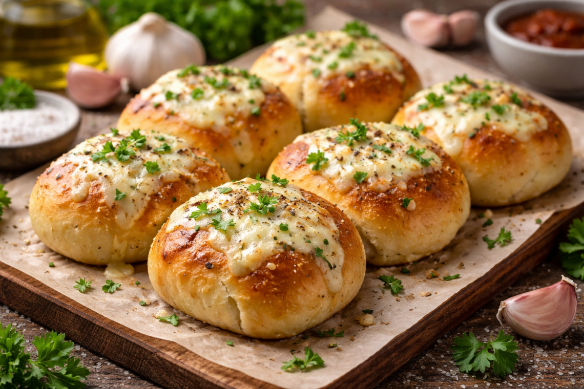 Frisch gebackene Käse-Knoblauch-Brötchen mit geschmolzenem Mozzarella und Petersilie auf einem Holzbrett.