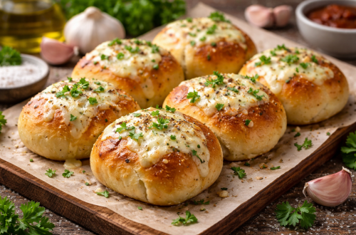 Frisch gebackene Käse-Knoblauch-Brötchen mit geschmolzenem Mozzarella und Petersilie auf einem Holzbrett.