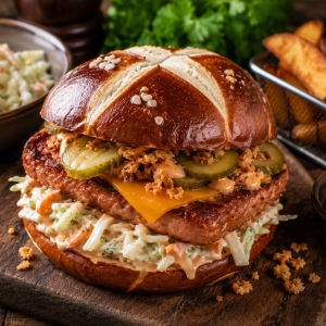 Fleischkäse-Burger mit einem glänzenden Laugenbrötchen, gegrillter Scheibe Fleischkäse, Cheddar, Krautsalat, Gewürzgurken und Röstzwiebeln. Serviert auf einem Holzbrett mit Kartoffelspalten und einer Schale Krautsalat im Hintergrund. Fotorealistische Darstellung eines herzhaften Burgers im bayerischen Stil.