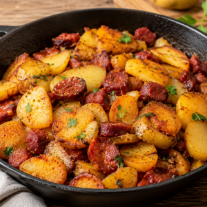 Knusprige Bratkartoffeln mit würziger Chorizo in einer gusseisernen Pfanne, goldbraun gebraten und mit frischen Kräutern garniert auf rustikalem Holztisch serviert.