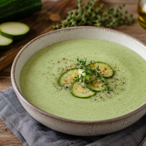 Cremige Zucchinicremesuppe in einer rustikalen Keramikschale, garniert mit angebratenen Zucchinischeiben, frischem Thymian und schwarzem Pfeffer. Auf einem Holztisch arrangiert mit frischen Zucchini, Olivenöl und einem Löffel. Fotorealistische Darstellung einer hausgemachten, aromatischen Zucchinisuppe.