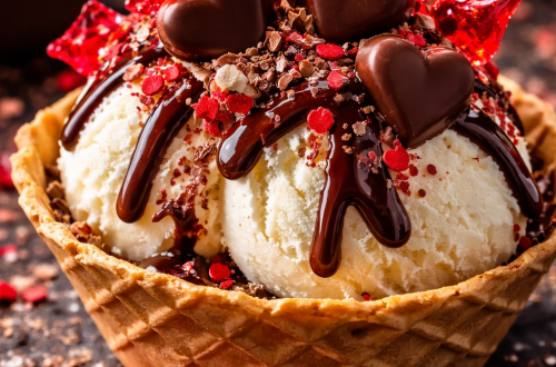 Essbares Glas mit Gold-Effekt auf Vanilleeis, dekoriert mit Schokoherzen und Schokoladensauce – knusprige Zuckerdekoration für Desserts