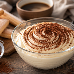 Cremige Tiramisu-Creme in einer Glasschüssel mit Kakao bestäubt auf rustikalem Holztisch. Umgeben von Löffelbiskuits, Kaffeebohnen und Kakaopulver entsteht eine einladende Dessertszene mit warmem, natürlichem Licht.