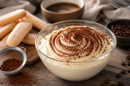 Cremige Tiramisu-Creme in einer Glasschüssel mit Kakao bestäubt auf rustikalem Holztisch. Umgeben von Löffelbiskuits, Kaffeebohnen und Kakaopulver entsteht eine einladende Dessertszene mit warmem, natürlichem Licht.
