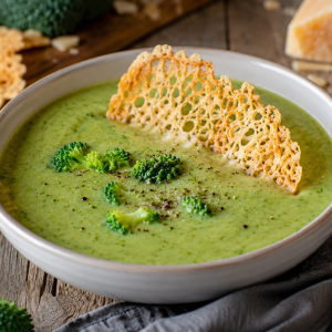 Cremige Brokkolisuppe in einer hellen Keramikschale, garniert mit frischen Brokkoliröschen und einem knusprigen Parmesan-Cracker. Die Suppe steht auf einem rustikalen Holztisch, umgeben von Brokkoli, Parmesanstücken und einem Löffel. Fotorealistische Darstellung einer hausgemachten Brokkolisuppe mit Parmesan-Cracker.