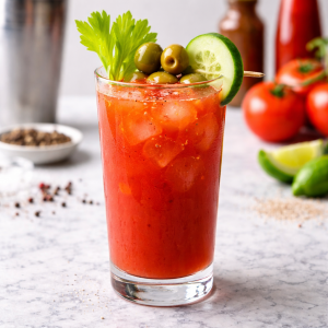 Fotorealistisches Bild eines Bloody Mary Cocktails mit Eiswürfeln in einem hohen Glas, dekoriert mit Selleriestange, Oliven und Gurkenscheibe, auf heller Oberfläche mit Tomaten und Barzutaten im unscharfen Hintergrund.