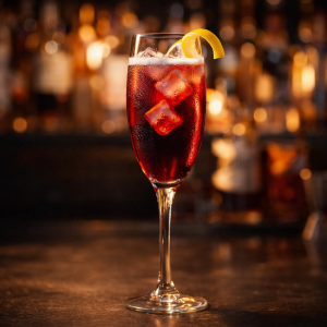 Champagner-Cocktail mit Eiswürfeln und Zitronenzeste in einem Sektglas vor warm beleuchtetem Bar-Hintergrund, fotorealistische Darstellung.