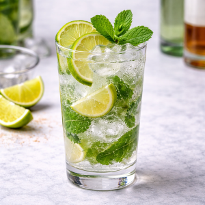 Fotorealistisches Bild eines Mojito-Cocktails mit Eiswürfeln, Limettenscheiben und frischer Minze in einem hohen Glas, serviert auf heller Oberfläche mit unscharfem Barhintergrund.