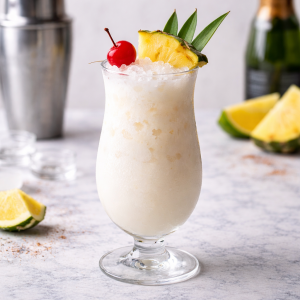 Fotorealistisches Bild eines Batida Originale Cocktails mit cremiger, heller Farbe und Crushed Ice in einem hohen Glas, dekoriert mit Ananasstück und Cocktailkirsche, auf heller Oberfläche mit unscharfem Barhintergrund.