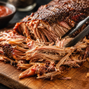 Saftig gezupftes Pulled Pork mit würziger BBQ-Kruste auf einem rustikalen Holzbrett, während das zarte Fleisch mit Fleischgabeln auseinandergezogen wird. Im Hintergrund steht eine Schale mit Barbecue-Sauce.