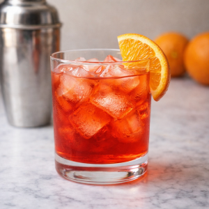 Fotorealistisches Bild eines Campari Orange Cocktails mit Eiswürfeln in einem Glas, dekoriert mit einer Orangenscheibe am Rand, auf heller Oberfläche mit unscharfem Cocktailshaker und Orangen im Hintergrund.