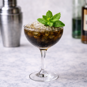 Fotorealistisches Bild eines dunklen Apotheker-Cocktails mit Crushed Ice in einer Cocktailschale, dekoriert mit frischer Minze, auf heller Oberfläche mit unscharfem Barhintergrund.