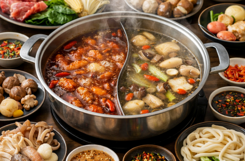 Chinesischer Hot Pot mit Brühe, Fleisch, Gemüse und Dips – Anleitung für Hot Pot zuhause