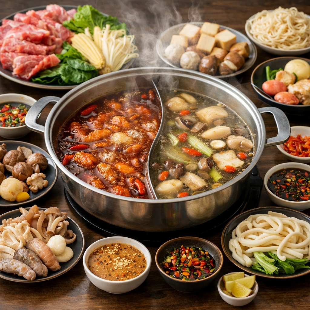Chinesischer Hot Pot mit Brühe, Fleisch, Gemüse und Dips – Anleitung für Hot Pot zuhause