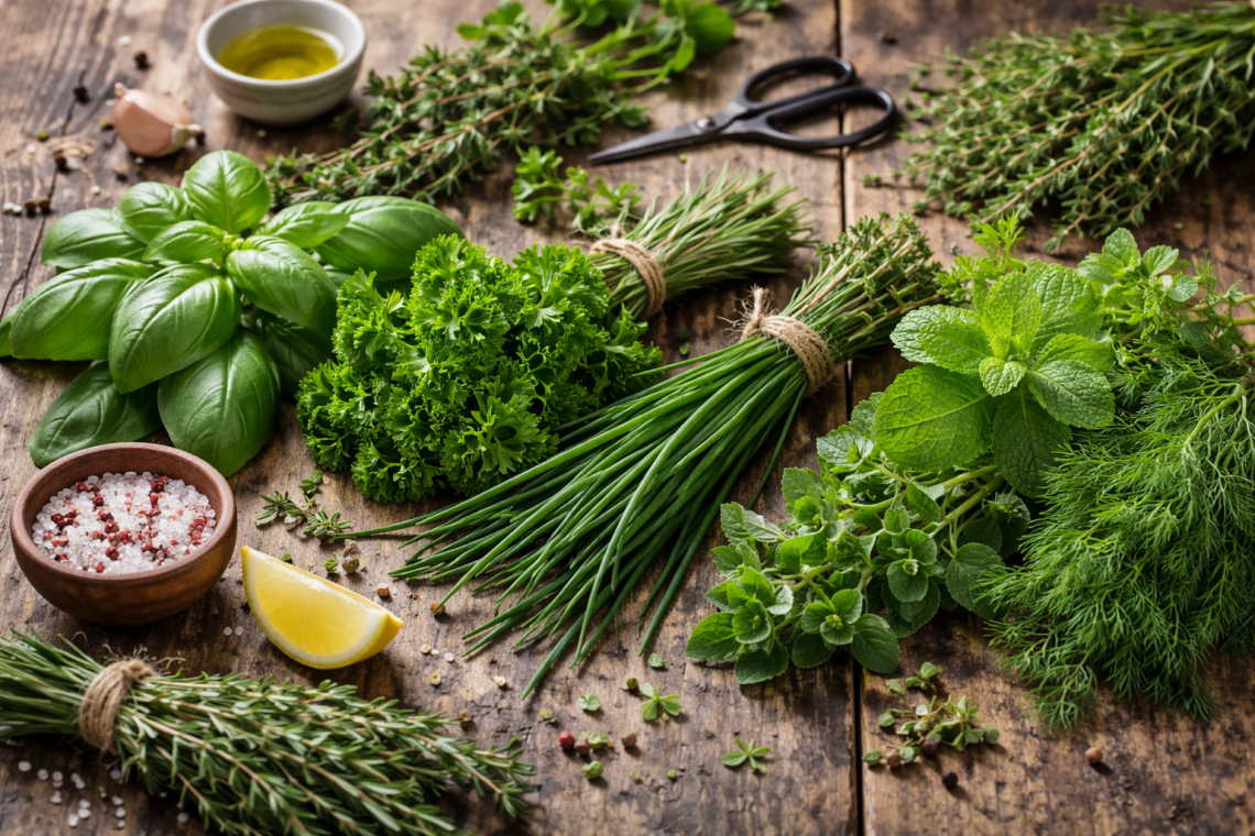 Frische Kräuterbündel auf rustikalem Holztisch mit Basilikum, Petersilie und Schnittlauch; perfekt für Kräuterdip und Petersilienkuchen.