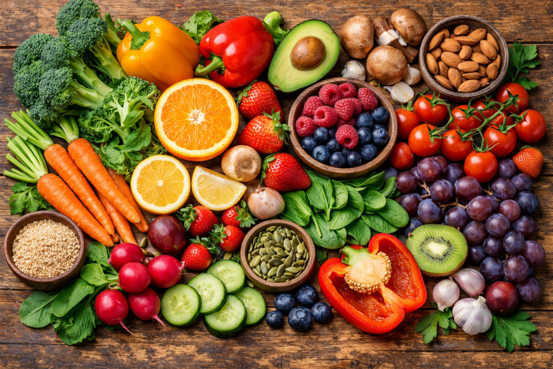 Farbenfrohe Auswahl an frischem Obst und Gemüse – Vitamine im Alltag