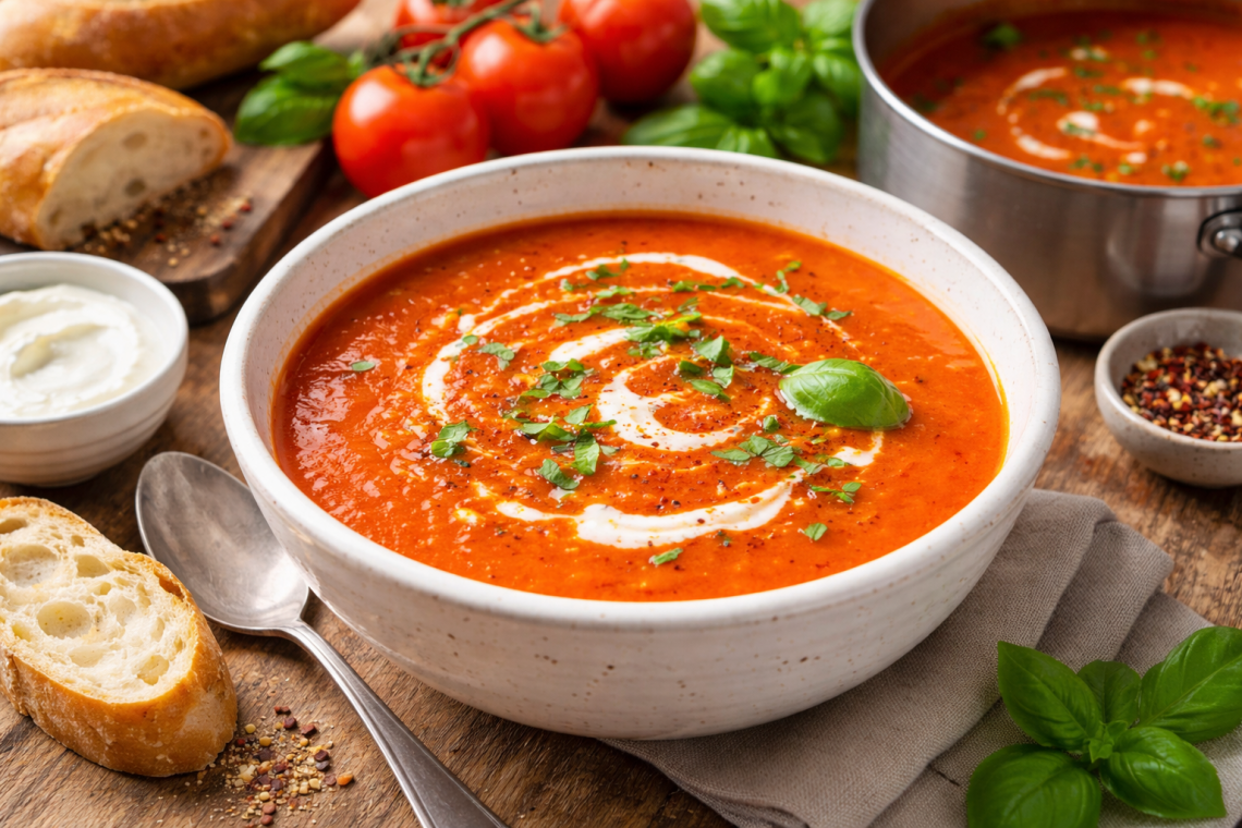 Fotorealistische Aufnahme einer cremigen Tomatensuppe in einer hellen Keramikschale auf rustikalem Holztisch, garniert mit Sahneswirbel und frischem Basilikum, serviert mit Baguette und frischen Tomaten.