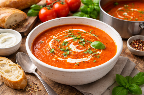 Fotorealistische Aufnahme einer cremigen Tomatensuppe in einer hellen Keramikschale auf rustikalem Holztisch, garniert mit Sahneswirbel und frischem Basilikum, serviert mit Baguette und frischen Tomaten.
