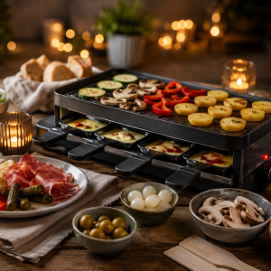 Gemütlich gedeckter Raclette-Tisch mit geschmolzenem Käse, Kartoffeln, Pilzen, Paprika, Schinken und verschiedenen Beilagen auf rustikalem Holztisch bei stimmungsvoller Beleuchtung. Das Raclette-Gerät steht im Mittelpunkt und vermittelt die entspannte Atmosphäre eines geselligen Genussabends.