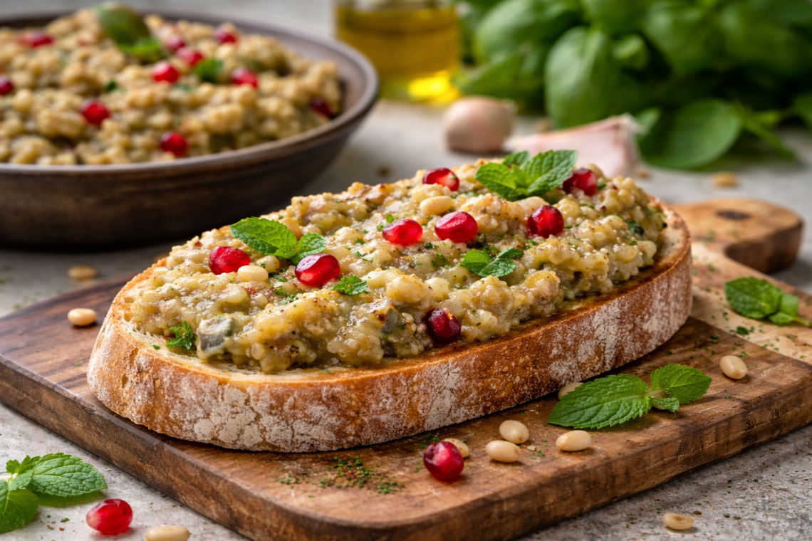 Melitzanosalata als Brotaufstrich auf geröstetem Bauernbrot, mit Granatapfelkernen, Pinienkernen und frischer Minze garniert, mediterraner Auberginenaufstrich im Querformat.