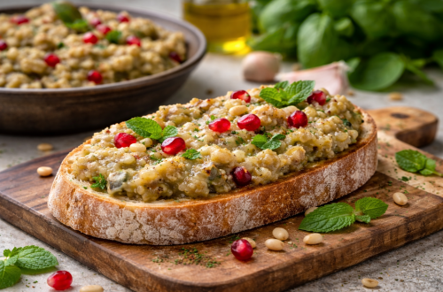 Melitzanosalata als Brotaufstrich auf geröstetem Bauernbrot, mit Granatapfelkernen, Pinienkernen und frischer Minze garniert, mediterraner Auberginenaufstrich im Querformat.