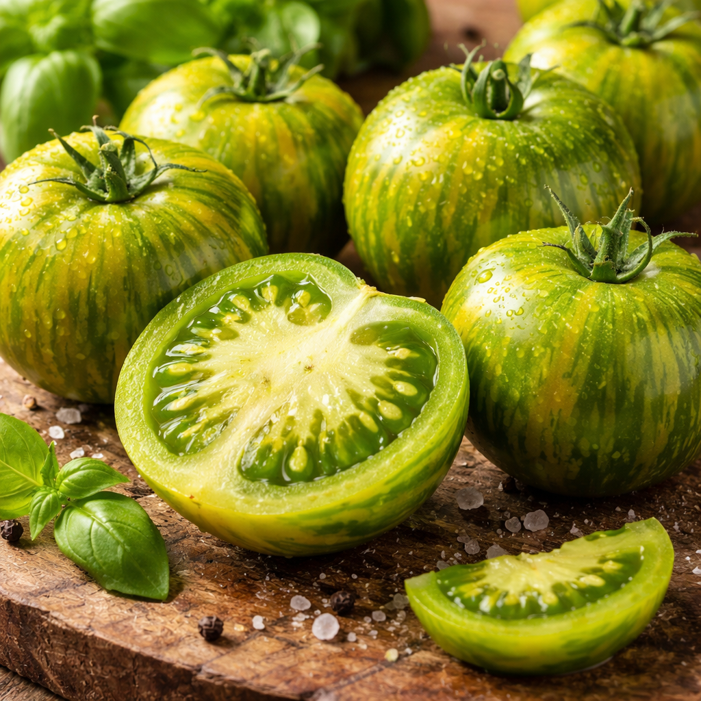 Grüne Tomate mit gelben Streichen