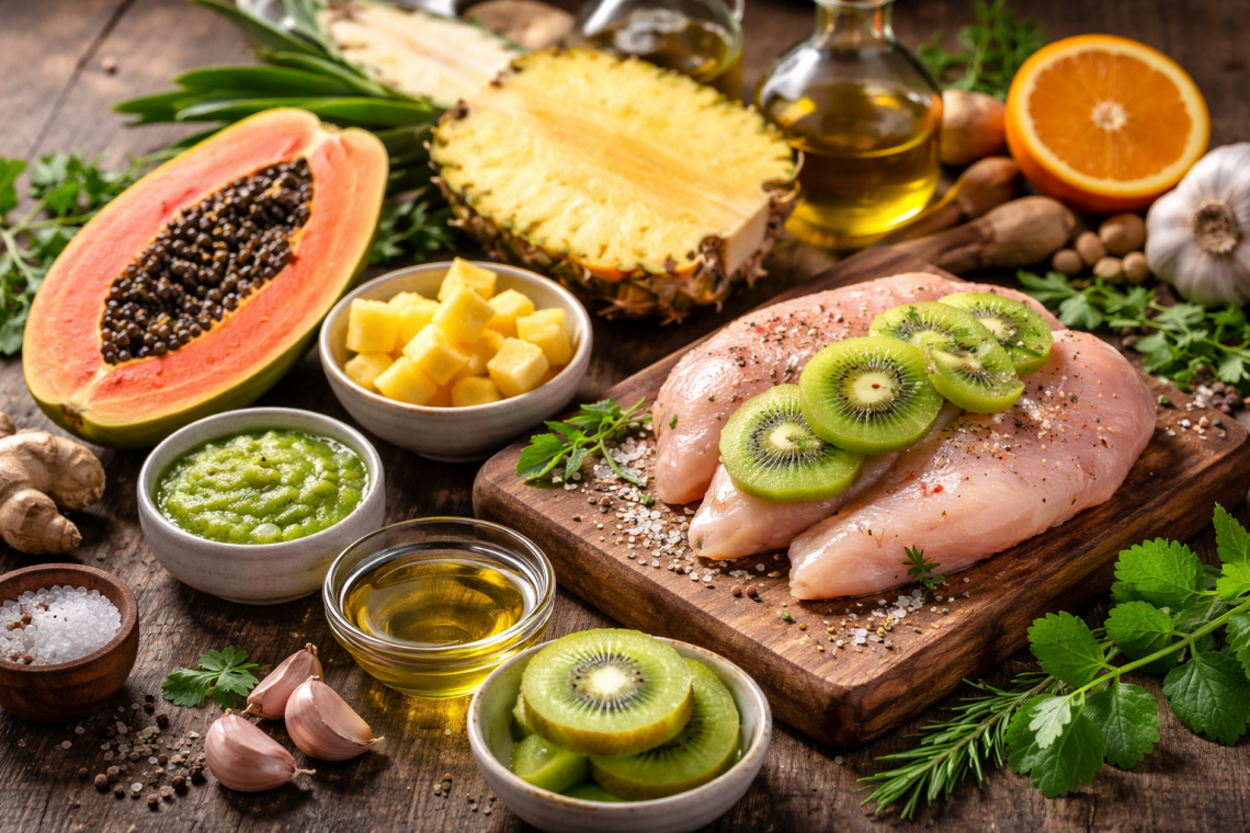 Rohes Hähnchenfilet mit frischen Kiwischeiben auf einem Holzbrett, umgeben von Papaya, Ananas, Kräutern, Öl und Gewürzen – Darstellung natürlicher Enzyme, die Fleisch zarter machen.