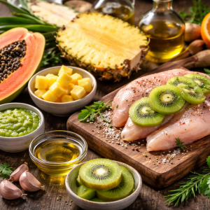Rohes Hähnchenfilet mit frischen Kiwischeiben auf einem Holzbrett, umgeben von Papaya, Ananas, Kräutern, Öl und Gewürzen – Darstellung natürlicher Enzyme, die Fleisch zarter machen.