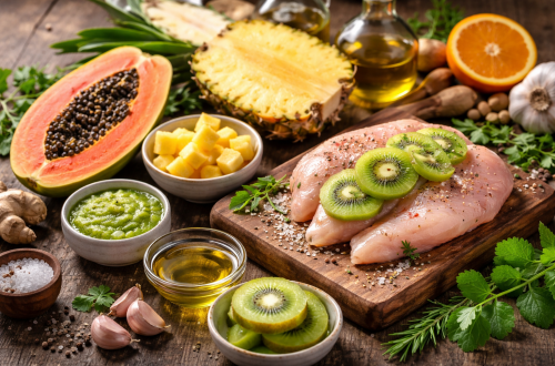 Rohes Hähnchenfilet mit frischen Kiwischeiben auf einem Holzbrett, umgeben von Papaya, Ananas, Kräutern, Öl und Gewürzen – Darstellung natürlicher Enzyme, die Fleisch zarter machen.