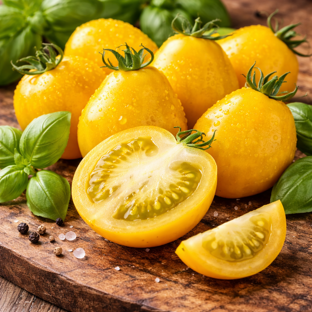 Gelbe Tomaten auf rustikalem Holzbrett, Basilikum