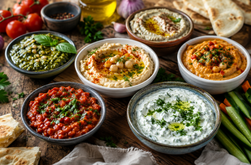 Fotorealistische Auswahl internationaler Dips und Saucen auf einem rustikalen Holztisch. Zu sehen sind Hummus, Tzatziki, Pesto und Tomatensalsa in Keramikschalen, umgeben von frischem Gemüse, Kräutern, Fladenbrot und Olivenöl. Die Szene vermittelt mediterrane und internationale Küche mit vielfältigen Aromen und hausgemachten Beilagen.
