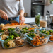 Fotorealistisches Meal-Prep-Szenario in einer modernen Küche: Mehrere Glasbehälter mit vorbereiteten Mahlzeiten aus Hähnchen, Brokkoli, Süßkartoffeln und Getreide stehen auf einer Holzarbeitsplatte, während im Hintergrund frisches Gemüse geschnitten wird. Ideal zur Veranschaulichung von zeitsparender Essensvorbereitung für Berufstätige.