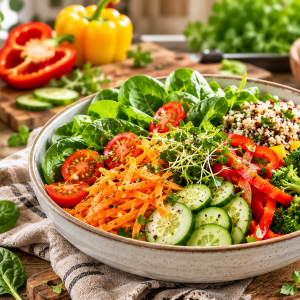 Fotorealistisches Beitragsbild zum Thema Vitamine und gesunde Ernährung mit einer großen bunten Gemüse-Bowl auf einem rustikalen Holztisch. Zu sehen sind frischer Blattspinat, Brokkoli, Gurken, Karotten, Paprika, Cherrytomaten, Kräuter und Quinoa, umgeben von frischen Zutaten, Zitronen und Olivenöl in einer hellen, natürlichen Küchenszene. Ideal als Symbolbild für vitaminreiche, alltagstaugliche Küche.