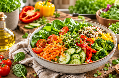 Fotorealistisches Beitragsbild zum Thema Vitamine und gesunde Ernährung mit einer großen bunten Gemüse-Bowl auf einem rustikalen Holztisch. Zu sehen sind frischer Blattspinat, Brokkoli, Gurken, Karotten, Paprika, Cherrytomaten, Kräuter und Quinoa, umgeben von frischen Zutaten, Zitronen und Olivenöl in einer hellen, natürlichen Küchenszene. Ideal als Symbolbild für vitaminreiche, alltagstaugliche Küche.