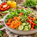 Fotorealistisches Beitragsbild zum Thema Vitamine und gesunde Ernährung mit einer großen bunten Gemüse-Bowl auf einem rustikalen Holztisch. Zu sehen sind frischer Blattspinat, Brokkoli, Gurken, Karotten, Paprika, Cherrytomaten, Kräuter und Quinoa, umgeben von frischen Zutaten, Zitronen und Olivenöl in einer hellen, natürlichen Küchenszene. Ideal als Symbolbild für vitaminreiche, alltagstaugliche Küche.