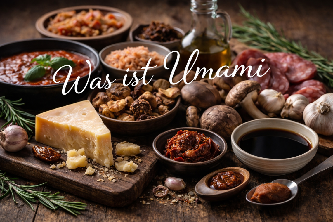 Stillleben mit umami-reichen Zutaten wie Parmesan, Shiitake-Pilzen, Tomaten, Miso, Sojasauce, Knoblauch und Salami auf rustikalem Holztisch – Symbolbild für den Geschmack Umami.