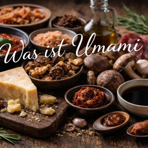 Stillleben mit umami-reichen Zutaten wie Parmesan, Shiitake-Pilzen, Tomaten, Miso, Sojasauce, Knoblauch und Salami auf rustikalem Holztisch – Symbolbild für den Geschmack Umami.