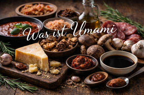 Stillleben mit umami-reichen Zutaten wie Parmesan, Shiitake-Pilzen, Tomaten, Miso, Sojasauce, Knoblauch und Salami auf rustikalem Holztisch – Symbolbild für den Geschmack Umami.