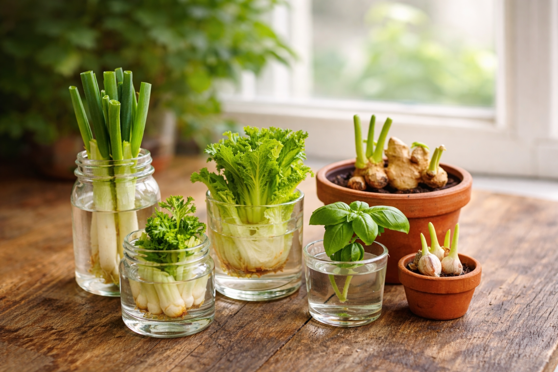 Regrowing von Küchenresten auf einer hellen Küchenfensterbank: Frühlingszwiebeln, Salat, Basilikum, Ingwer und Knoblauch wachsen in Gläsern mit Wasser und kleinen Tontöpfen auf einem Holztisch bei natürlichem Tageslicht nach.