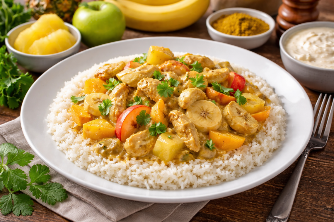 Pouletgeschnetzeltes in cremiger Currysauce mit Ananas, Banane und Apfel, serviert auf lockerem Reis auf einem weißen Teller.