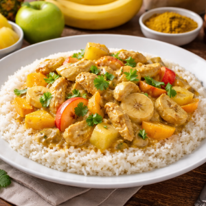Pouletgeschnetzeltes in cremiger Currysauce mit Ananas, Banane und Apfel, serviert auf lockerem Reis auf einem weißen Teller.